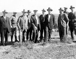 “Looking over the site for the Plum Creek Reservoirs,” was the caption given in newspapers when this group toured the area just east of Elwood in which the proposed the Tri-County Project would be built, 1930s