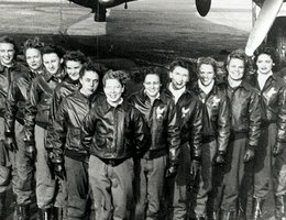 Women’s Airforce Service Pilots group; Second from left is Grace Elizabeth Clements of Elmwood, Nebraska, who provided courier service for Col. Paul Tibbets and his crew as they trained in Wendover, Utah, to drop the A-bomb