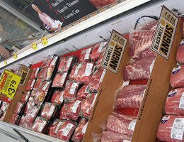 Specialty: "Blackwell Angus, Quality Beef". Array of beef at Sun Mart Grocery, Lincoln, NE, 2008